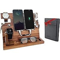 ETERLUCK Wooden Docking Station Men, Nightstand Organizer Bundle w/RFID Blocking Leather Wallet - Charging Station, Cell Phon