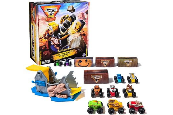 Monster Jam Mini Jams Earthshaker Boneyard Blaster Mega Frenzy Playset | 10 Mini Toy Trucks, Grave Digger, Blue Thunder & Mor