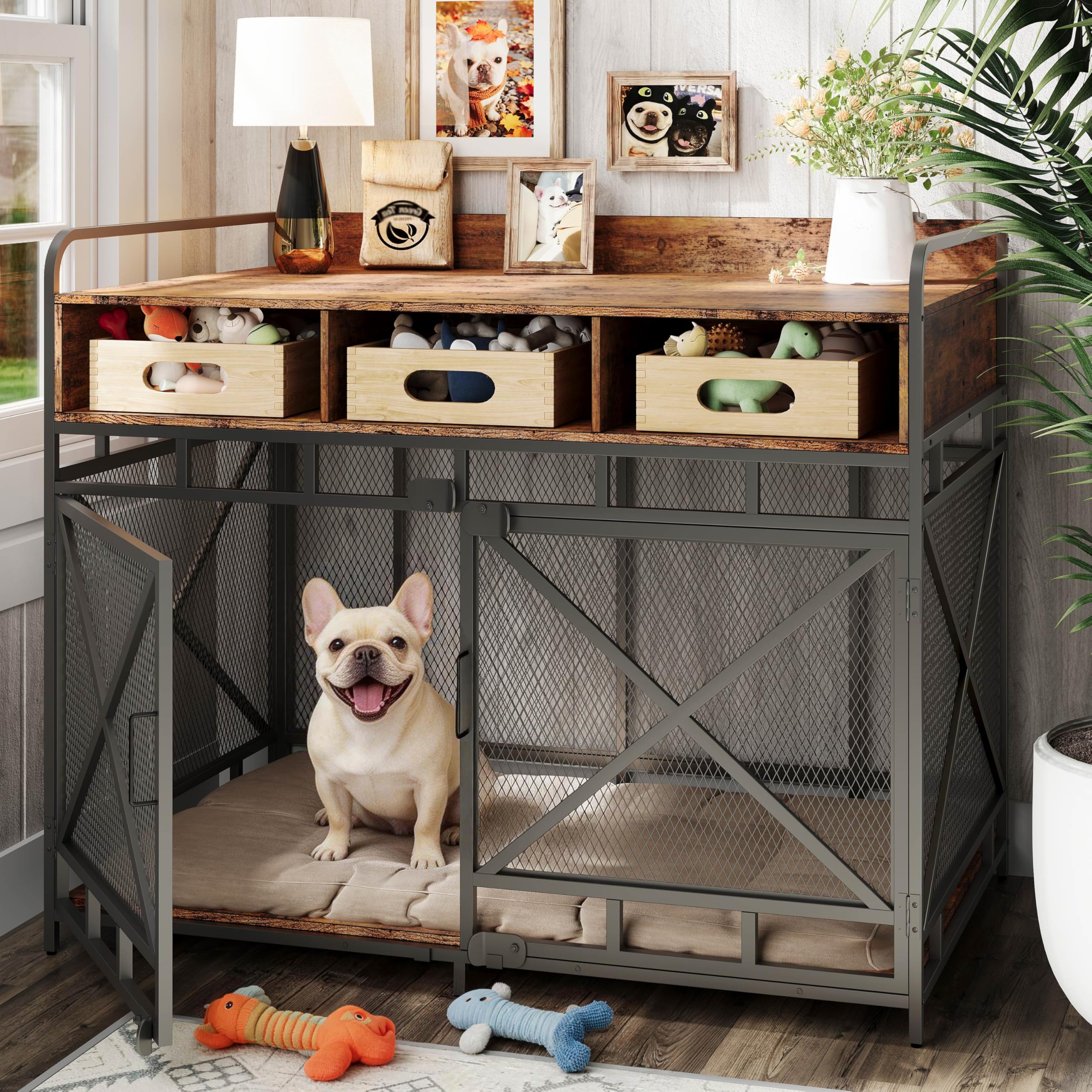 Fulhope Dog Crate Furniture, 43" Heavy Duty Wooden Dog Crate End Table, XL Dog Kennel Furniture Large Breed, Decorative Dog Kenne Indoor with 3 Drawers & Steel Tubes 43" L x28 W x36 H (Rustic Brown) Image