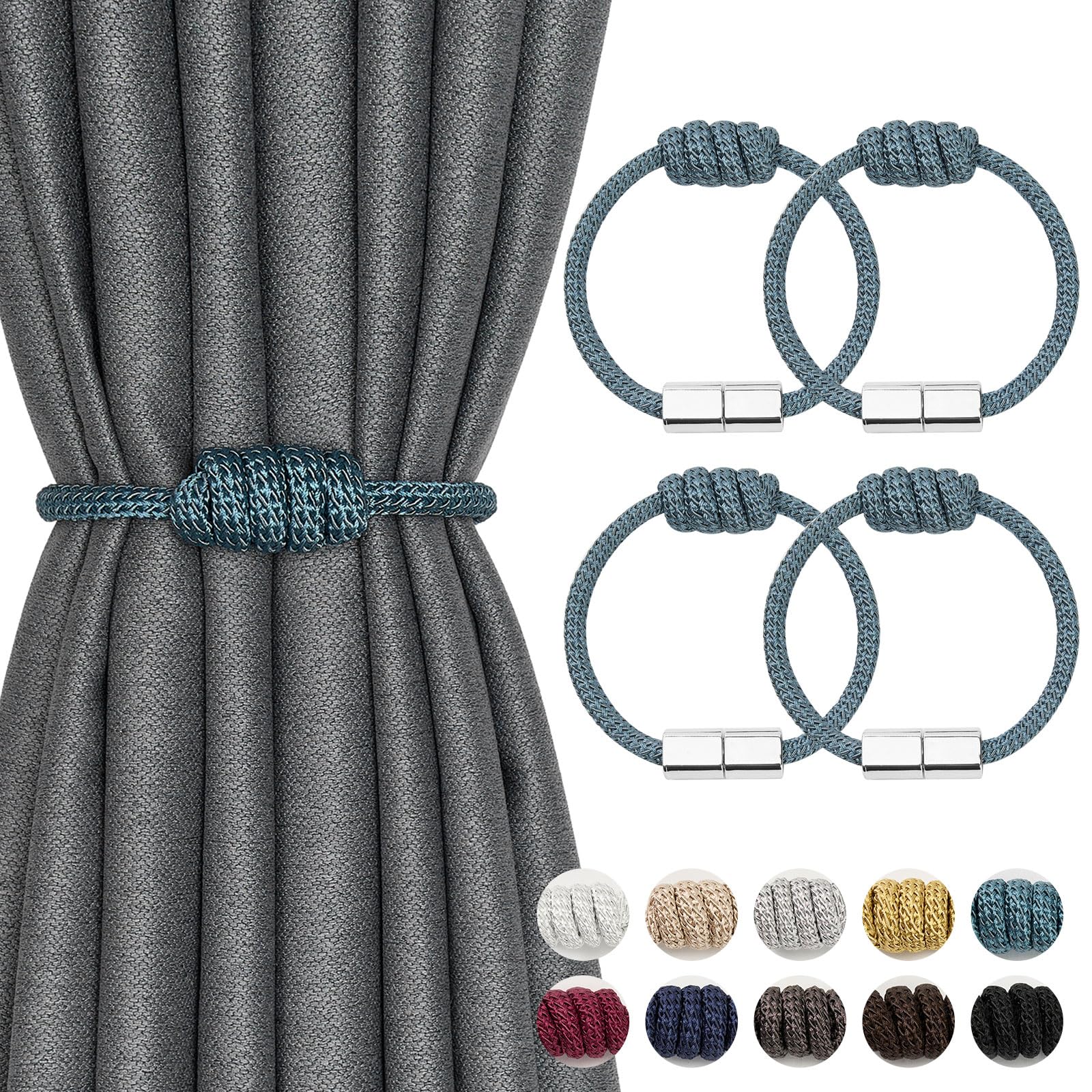 Pretty Jolly 4 Pack Mini Magnetic Curtain Tiebacks Modern Simple Style Drape Tie Backs Elegant Hand Weave Rope Knot Decorative Curtain Holdbacks for Home & Office Window Drapery (Teal)