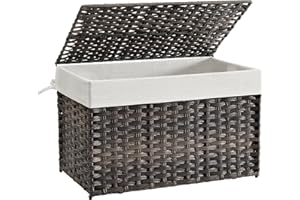 SONGMICS Storage Basket with Lid, 27.7 Gallon (105L) Storage Bin, Woven Blanket Storage Basket with Handles, Foldable, Removable Liner, Metal Frame, for Bedroom, Laundry Room, Brown URST066K01