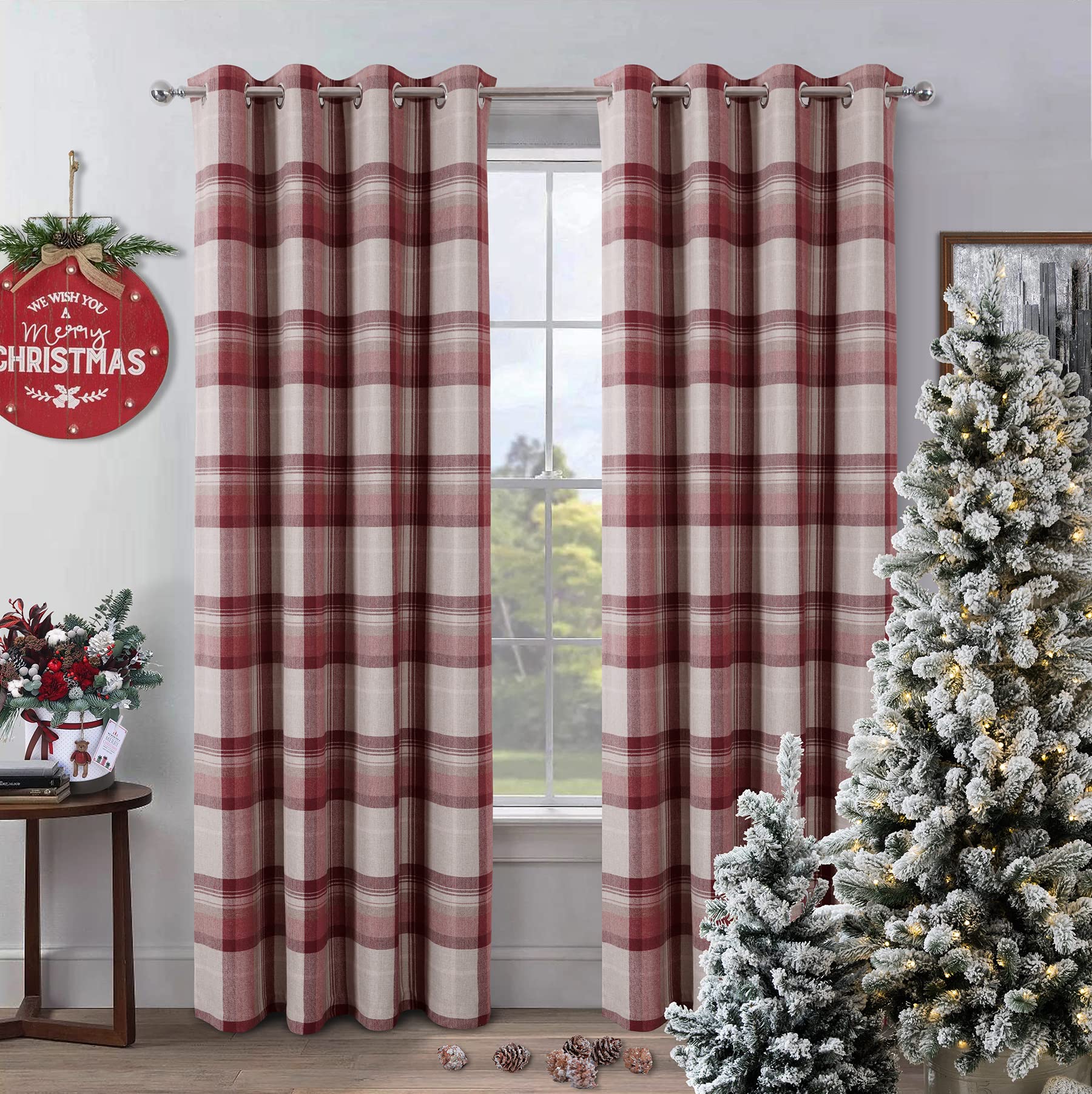 always4u Red Check Curtains Eyelet Red Tartan Highland Wollen Woven Checked Curtains Fully Lined Drapes for Home Decoration Pair of 46 * 72 Inches