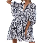 Womens Summer Dresses Casual Boho Floral Babydoll Balloon Sleeve Half Open Tether Flowy Short Beach Dress
