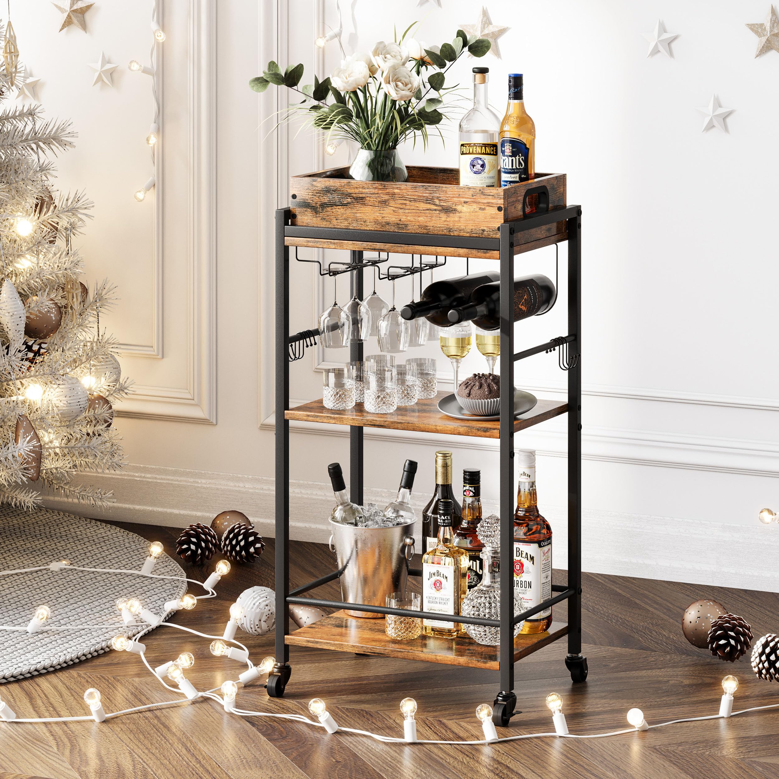 Photo 1 of 3 Tier Rolling Bar Cart with Wheels, Wine Cart with Removable Tray, Rustic Bar Carts Small, Drink Cart for Small Spaces, Beverage Cart, Liquor Cart for Kitchen, Living Room(Rustic Brown)GBC513R