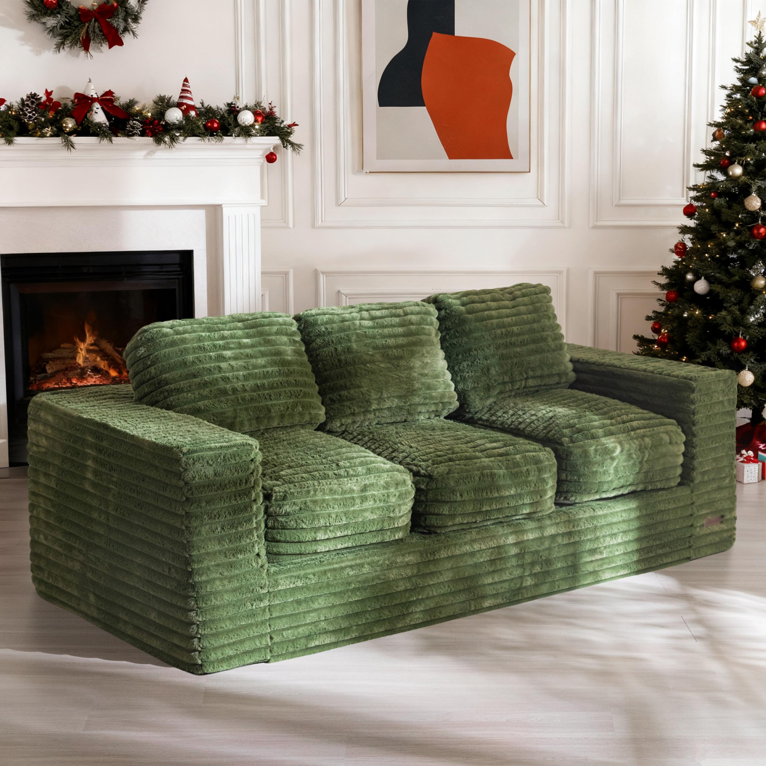 Photo 1 of ****FACTORY SEALED****MAXYOYO 3-Seater Boneless Sofa Couch in a Box, Modern Faux Fur Sofa for Living Room, Soft High-Density Foam Couch with Pillows, Fluffy & Supportive Chair Lounge, No Assembly Required, Green