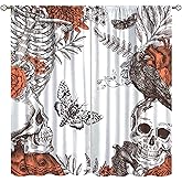 AAVEUP Gothic Skull Curtains for Bedroom,Vintage Hand Drawn Scary Halloween Boho Flower Sketch Moth Crow Window Drapes for Boys Girls Juvenile Bedroom Living Room Bathroom 42x45in(No Blackout)