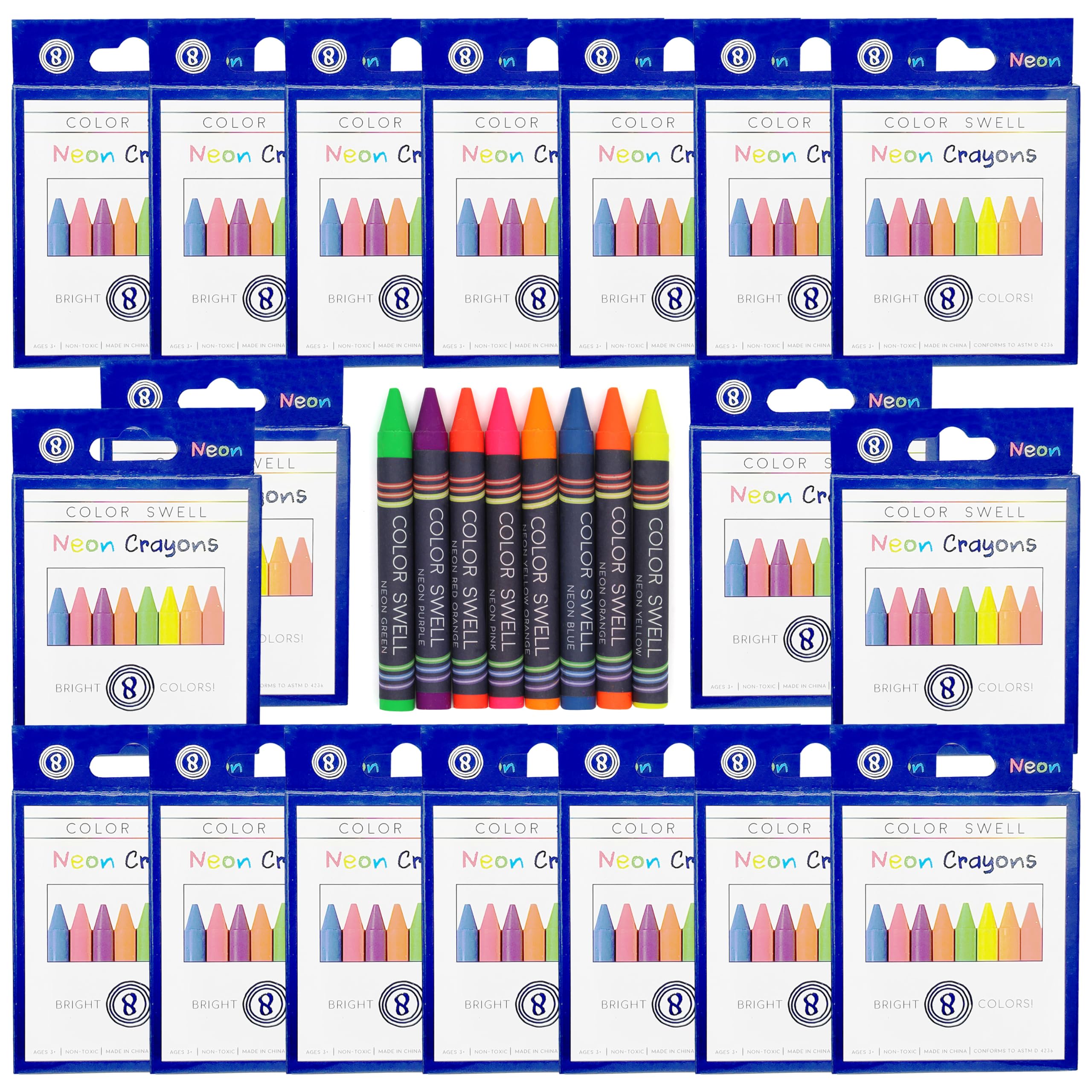 Color Swell Neon Bulk Crayons Packs - 18 Boxes of Fun Neon Bulk Crayons (144 total) of Large Crayon Teacher Quality Durable Classroom Packs for Kids Students Party Favors