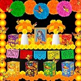 105Pcs Day of the Dead Decorations Kit,9 Mexican Banner,2 Marigold Garland,50 Marigold Flowers with Stem,12 Paper Pom Poms,24 Butterfly for Dia De Los Muertos Indian Diwali Ofrenda Altar Decor
