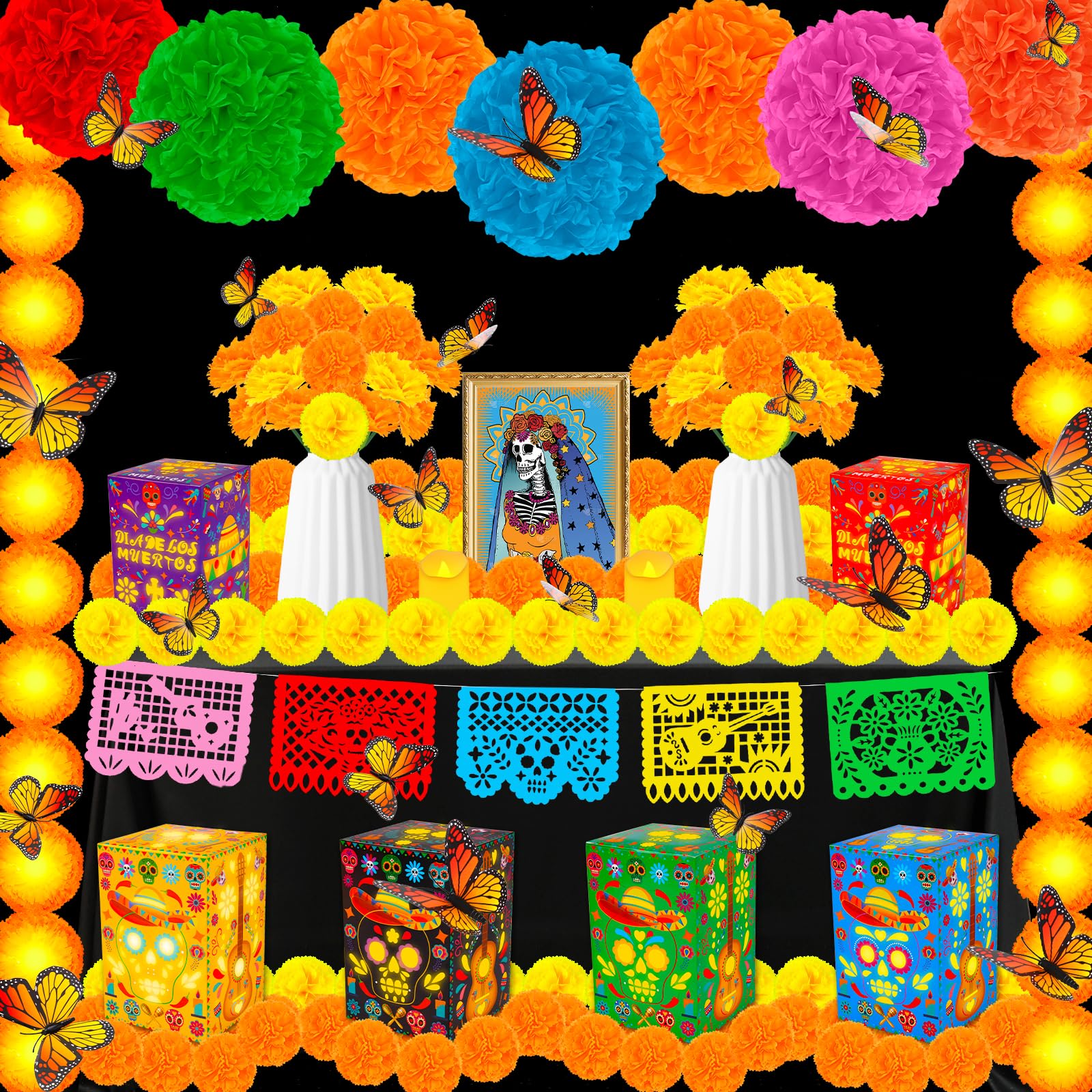 Photo 1 of 105 Pcs Day of the Dead Decorations Dia De Los Muertos Altar 2 Marigold Garland,9 Mexican Banner,50 Marigold Flowers with Stem,12 Paper Pom Poms,24 Butterfly for Halloween Indian Diwali Ofrenda Decor