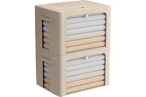 FHSQX Extra Large Clothes Storage Bins - Foldable Metal Frame Storage Box - Stackable Linen Fabric Box Organizer Set with Carrying Handles and Clear Window -100L(Beige, 23.6x 16.5x 15.7 Inch)