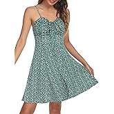 Missufe Spaghetti Strap Floral Mini Dress Women's Casual Ruched Front Drawstring Swing Sundress