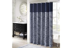 Madison Park Aubrey Shower Curtain Paisley Jacquard Pieced Microfiber Faux Silk Modern Home Bathroom Decorations Bathtub Privacy Screen, Decorative Bathroom, 72" x 72", Navy