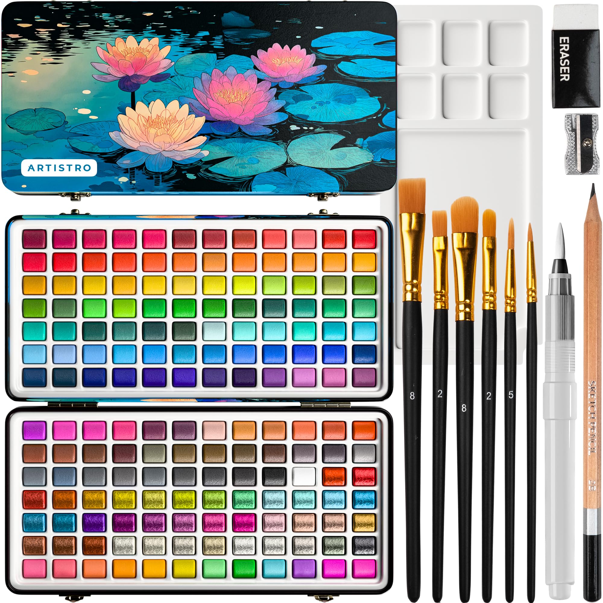 ARTISTRO Deluxe Watercolor Paint Set with 168 Colors – Vivid Colors in a Portable Box – Travel Watercolor Set with Complete Palette Image