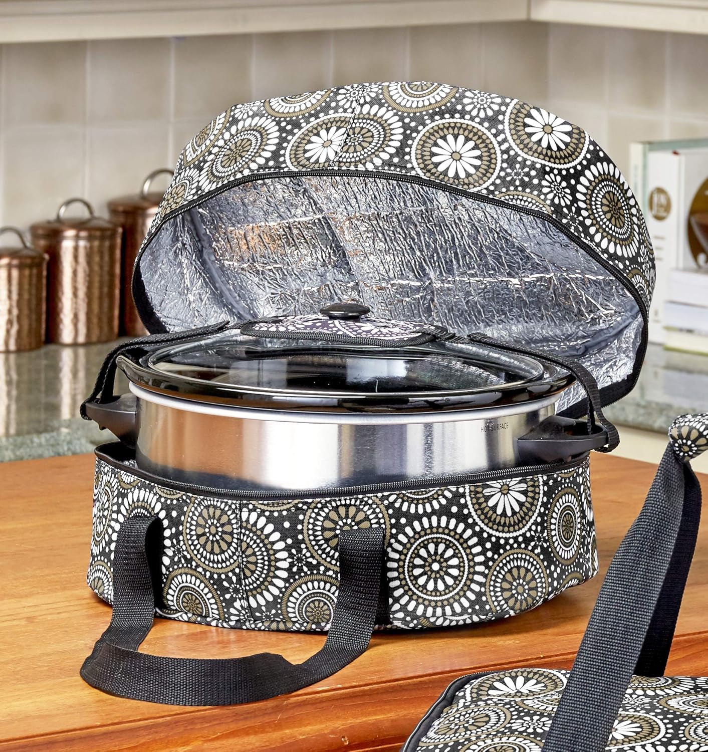 Slow Cooker Carrier - Insulated Food Carrier for Potlucks, Parties - Gray Damask