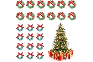 ABEILLO 24 Pcs Mini Christmas Wreaths 1 Inch Xmas Tree Wreaths, Hanging Christmas Tree Wreath Ornaments for Christmas and Winter Holiday (Grass-Green,Blue Green)