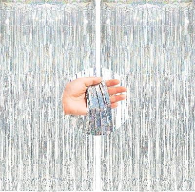 Silver Foil Curtain Backdrop 2 Pack 1x2.5m Tinsel Fringe Decor