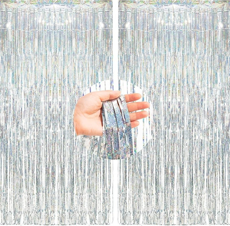 Silver Foil Curtain Backdrop 2 Pack 1x2.5m Tinsel Fringe Decor