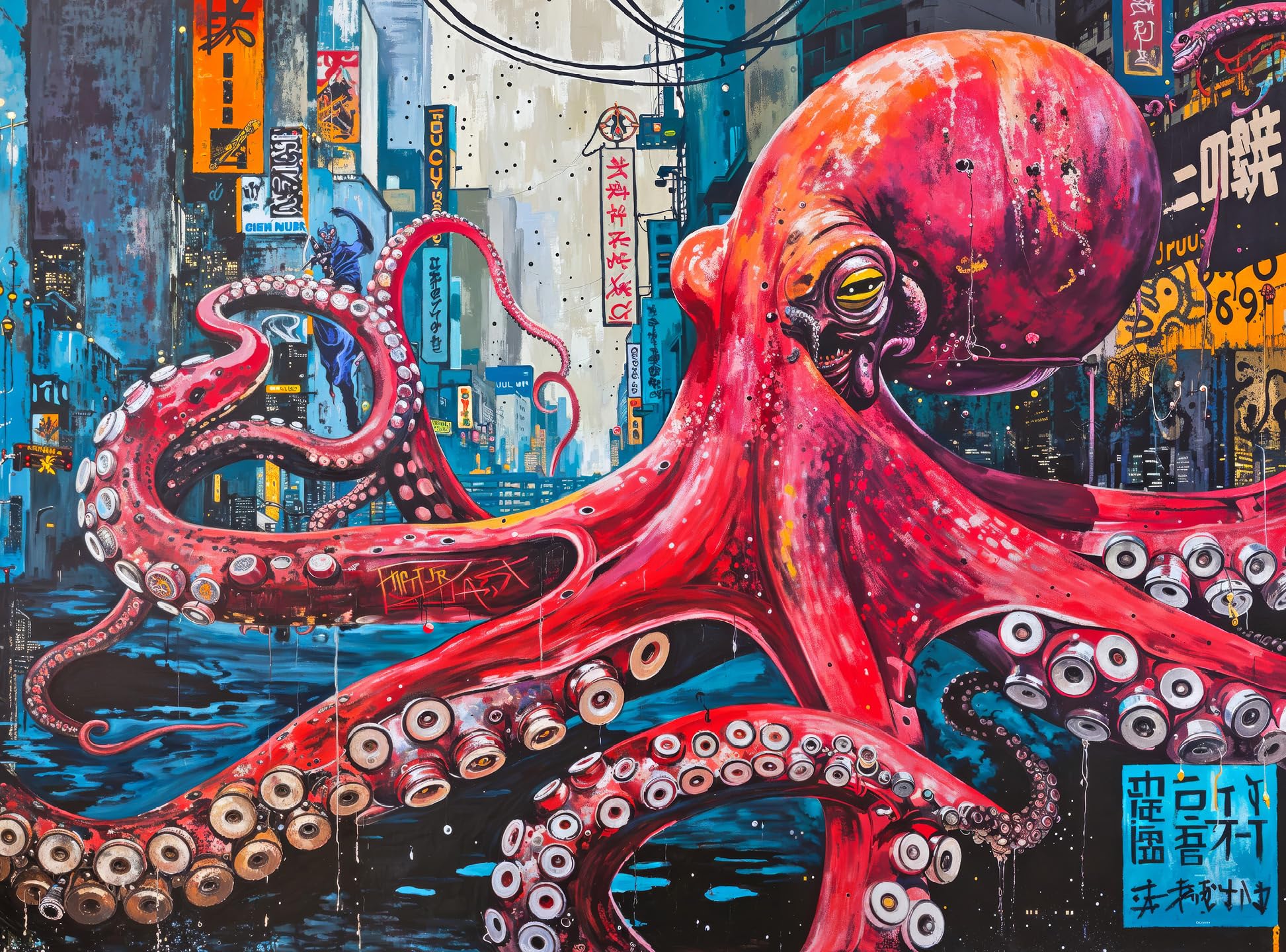 Cross & Glory 1000 Piece Jigsaw Puzzle for Adults | Octopus City: Neon Overlord | Marine Ocean Artwork Puzzle | Challenging Brain Teaser | Cyberpunk Ocean Art