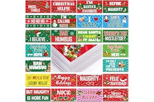 Beeveer 24 Designs Christmas Photo Booth Props Double Sided 11x5.51'' Christmas Party Decoration Red and Green Xmas Props for Photoshoot Supplies Waterproof Selfie Signs PVC for Holiday Party Supplies