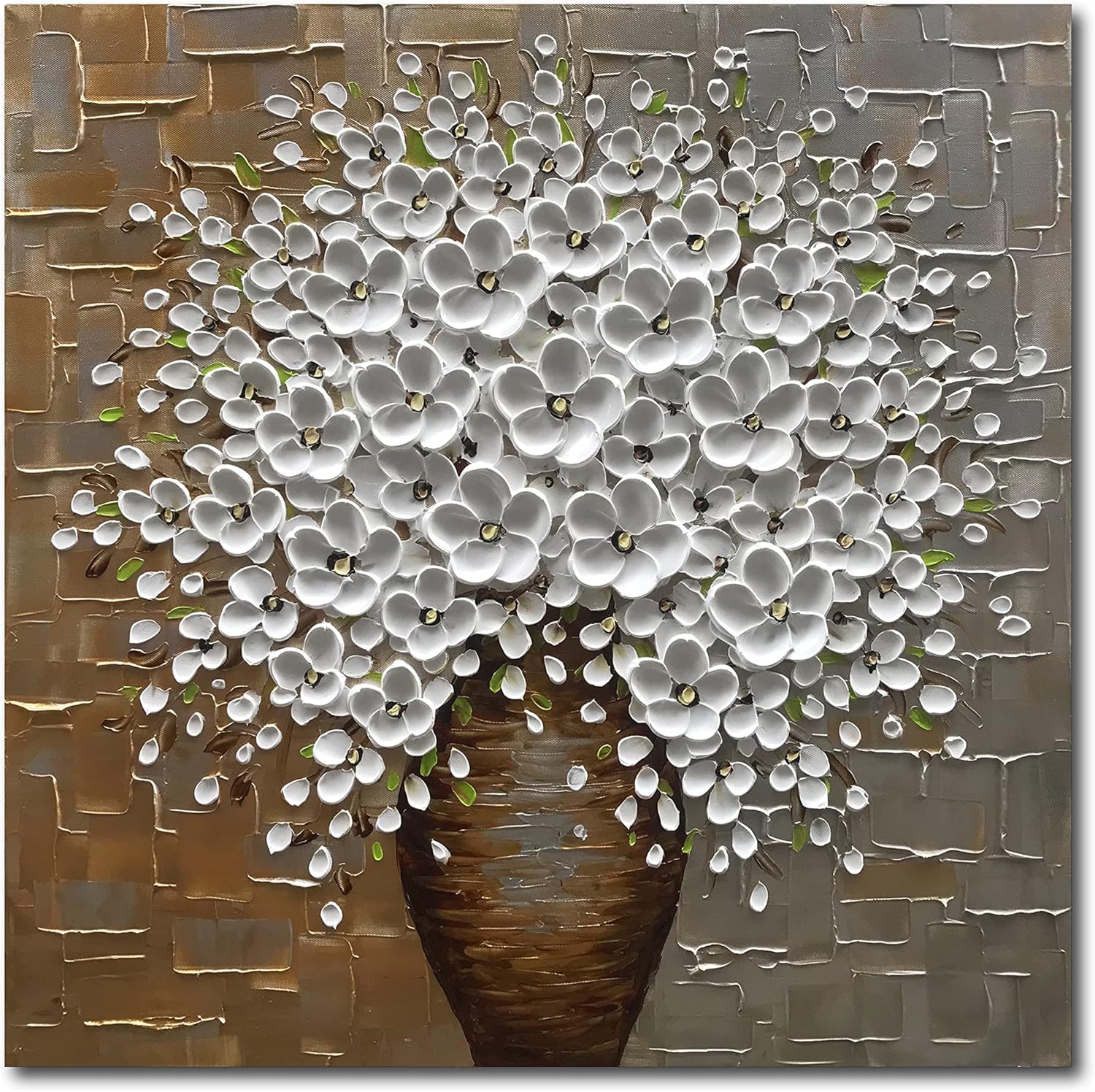 Paintings - Epicler Hand Painted 3D Oil Painting on Canvas 24x24 inch White Flower Art,Morden Canvas Wall Paintings, Metal Textured Gold and Silver Background White Flower Artwork