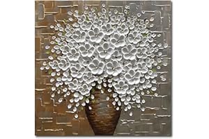 EPICLER ART Epicler Hand Painted 3D Oil Painting on Canvas 24x24 inch White Flower Art,Morden Canvas Wall Paintings, Metal Textured Gold and Silver Background White Flower Artwork