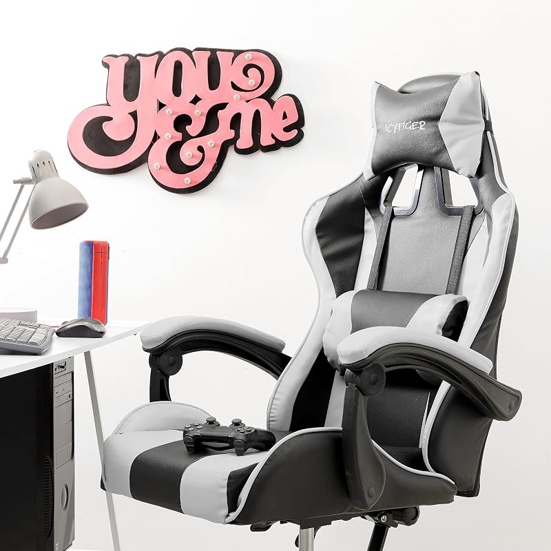 – Silla De Gaming Blanca y Negra, Silla Ergonómica de Oficina con Respaldo Regulable de 90° a 120°, con Reposacabezas, reposabrazos y Soporte Lumbar. Rotación de 360°