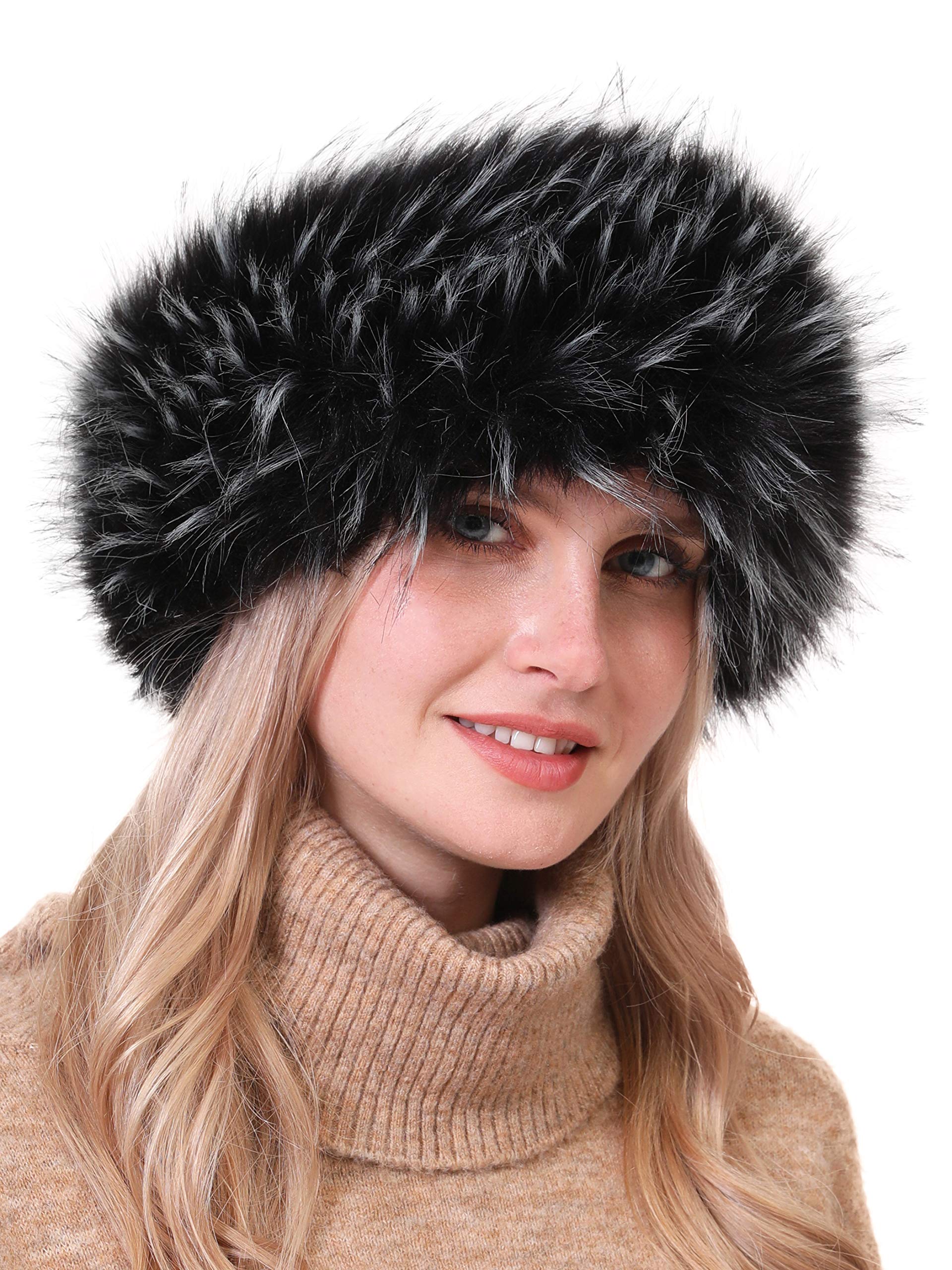 soul young Women's Faux Fur Headband with Stretch Winter Earwarmer Earmuff (Black & White)