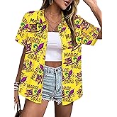 UYIQL Mardi Gras Shirts for Women Fat Tuesday Carnival Masks Graphic Shirt Short Sleeve Button Up Hawiian Outfits