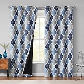 Beauoop Moroccan 100% Blackout Curtains Bedroom Blue Grey 50x84 2 Panels | Geometric Room Darkening Drapes for Living Room 84 Inch Long Thermal Insulated Soundproof Lattice Window Treatment Grommet