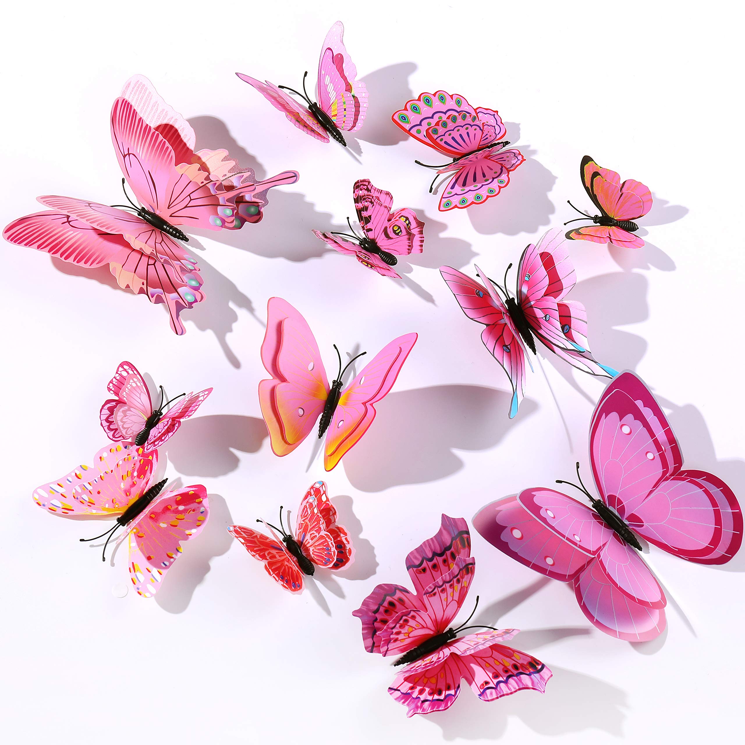 Derbway 12 Pieces 3D Butterflies Wall Stickers,Double 3D Wings,DIY Wall Decoration Crafts Butterflies for Kids Room,Party Decor,Garden Plants Decor (Pink)