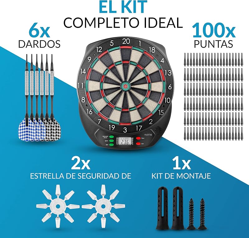 Diana electrónica - Juego de Diana con 6 Dardos de Punta Suave [utilizables sin Cables] - Diana innovadora con 65 variaciones - [para 1-8 Jugadores]
