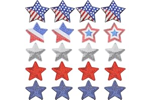 JUINTE 24 Pcs 5 Star Sequins Sew Patriotic Iron on Applique Glitter 5 Pointed Star Patches Independence Day Shimmer Patches for Clothes Red Blue Silver Sequin Stars for Jeans Jackets DIY Crafts