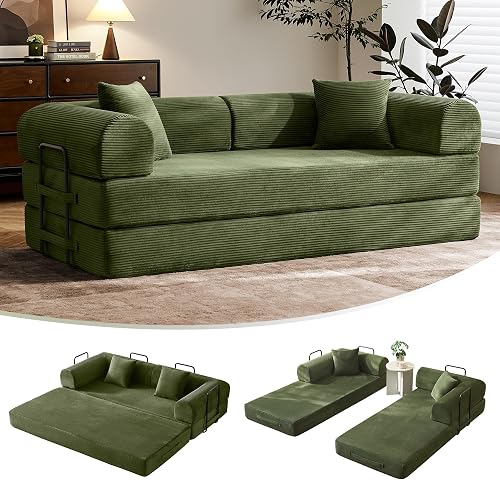 79" Convertible Futon Sofa Bed,Boneless Couch for Living Room | Olive Green | Folding Corduroy Boneless Sleeper Sofa, Modular Futon Couch with Fixed-Shape Frame, Pull Out Couch No Assembly