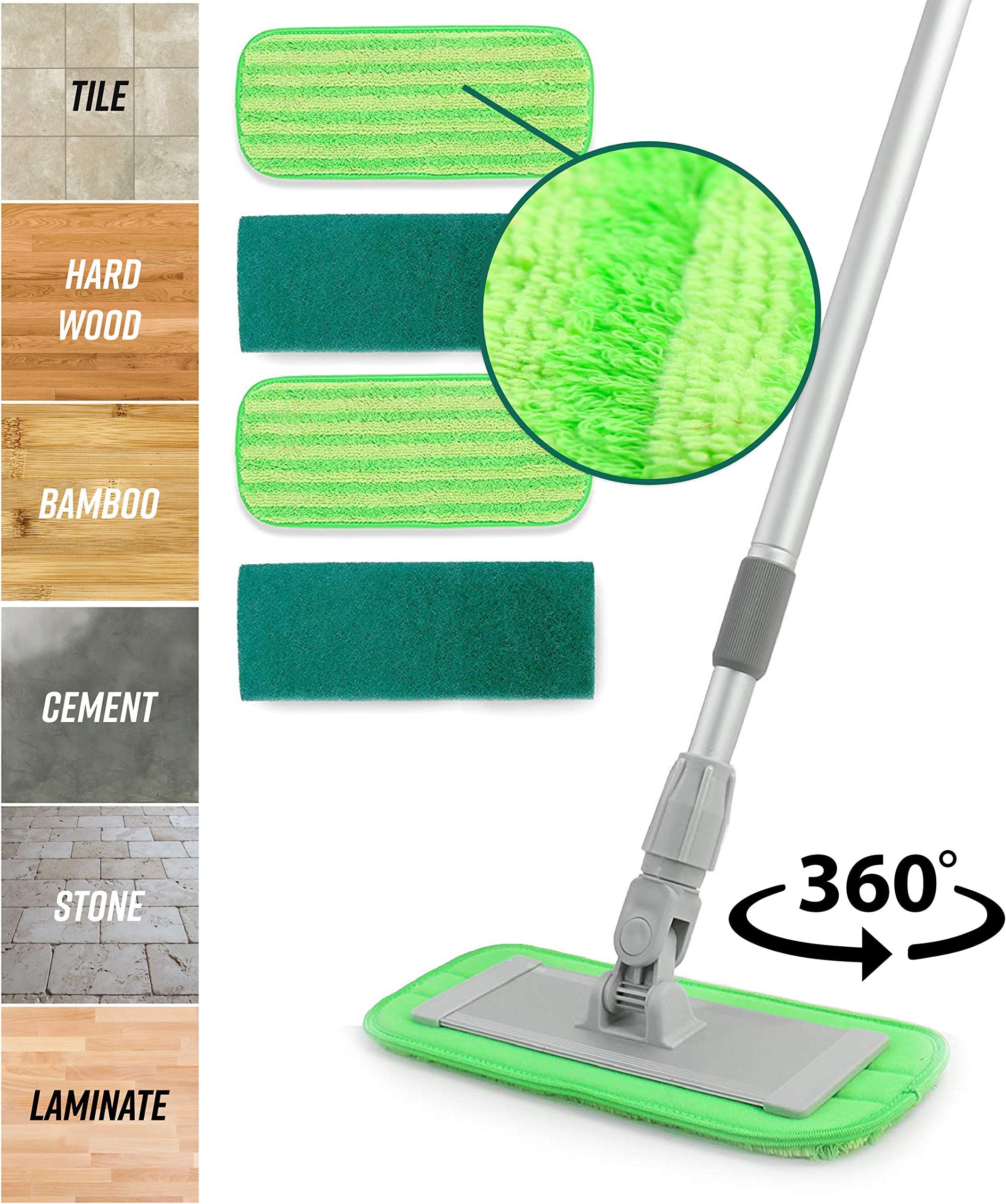 Microfiber Floor Mop System - 11" Pads and Adjustable Handle For Apartments & Hardwood Floor Cleaners - Includes 2 Dusting & 2 Scrubbing Pads - Perfect For Tile, Laminate, Vinyl, Linoleum