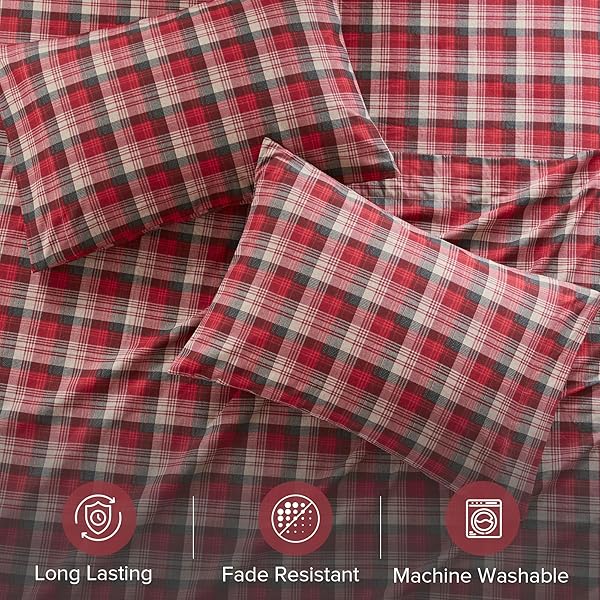 WOOLRICH COTTON SHEET SET COTTAGE CHARMS PRINT, 100% COTTON FLANNEL SHEETS WARM & FUZZY BEDDING SET KING SIZE SHEETS, FITTED POCKET FITS UP TO 14″ MATTRESS, KING RED PLAID, 4 PIECE