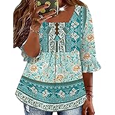 TFSDOD Womens Plus Size 3/4 Ruffle Sleeve Tunic Tops V Neck Pleated Dressy Casual Shirts Floral Print Blouses (1XL-5XL)