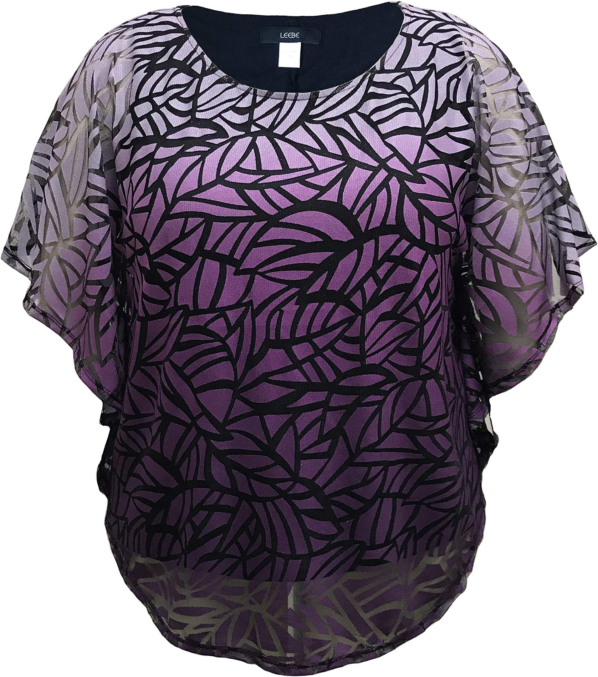 LEEBE Women's Plus Size Double-Layered Burnout Poncho Blouse Top (S-5X)