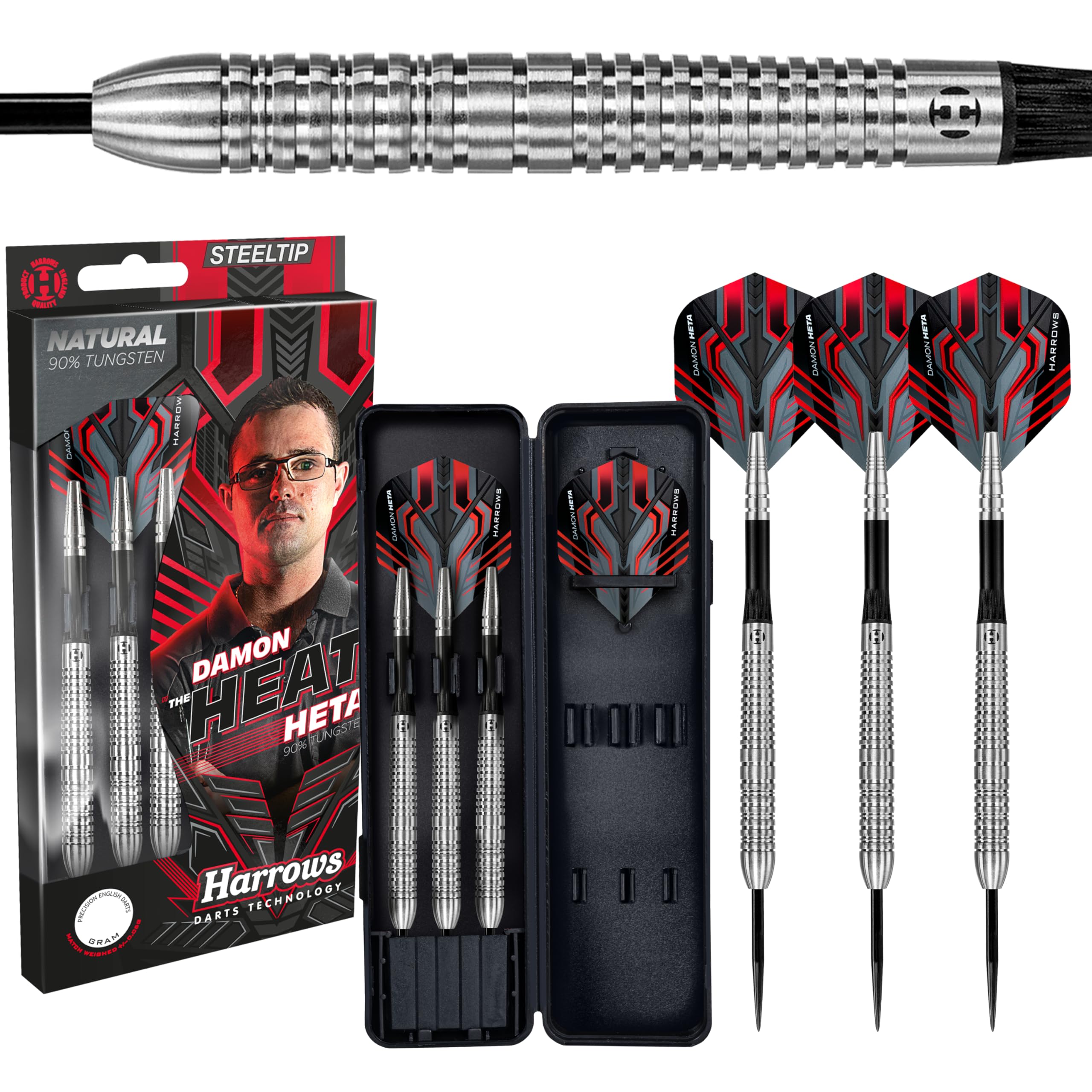 Harrows Damon Heta Natural 90% Tungsten Steel Tip Darts Set with Quick Point Change SystemSet Includes Black Alamo Shafts, Damon’s Signature Flights & Travel Case (21g)