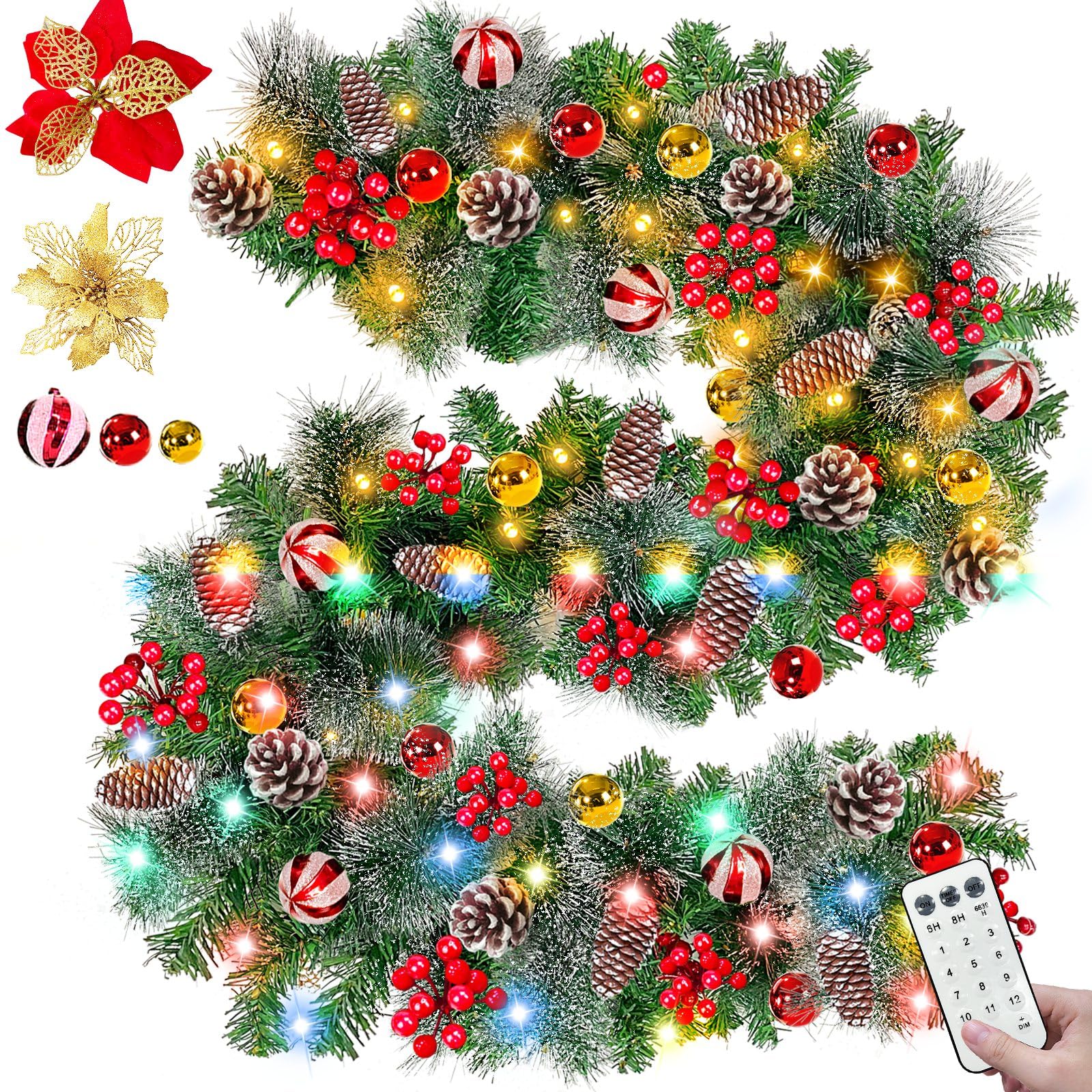 Photo 1 of [Dual Color Switch&Timer] 9Ft by 10Inch 80 LED Prelit Christmas Garland Warm White & MultiColor Change Lights 12 Mode Thick 300 Snowy Tips Poinsettia 198 Red Berry 18 Pinecone Ball Xmas Garland Decors