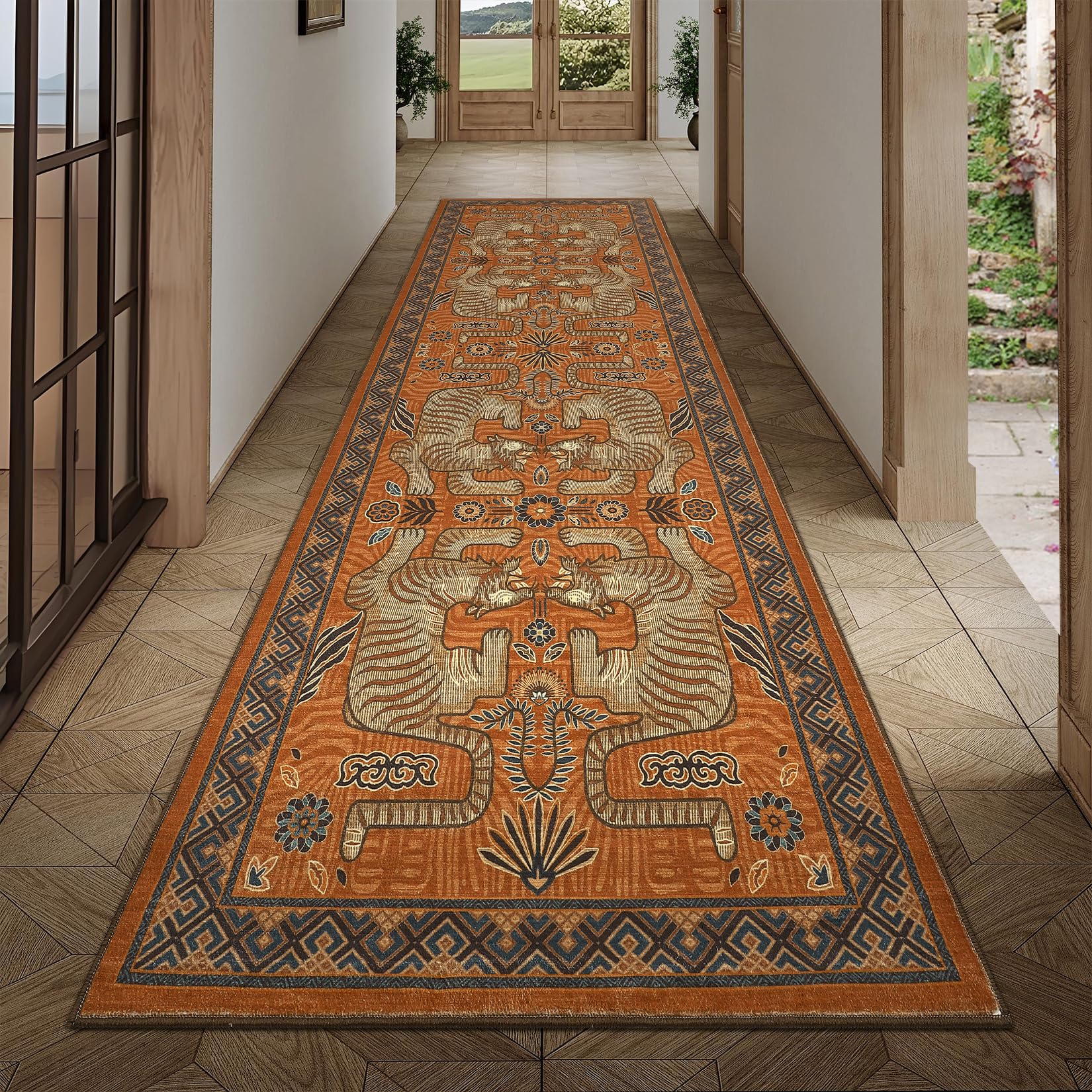Photo 1 of GarveeHome Tiger Print 2'6"x8' Washable Non Slip Runner Rugs for Hallways, Boho Terracotta Kitchen Runner Ultra Thin Soft Vintage Tribal Indoor Throw Floor Carpet for Entryway Bedroom Bathroom