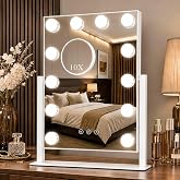 ROLOVE 13x16 inch Hollywood Vanity Mirror with Lights, Lighted Makeup Mirror for Desk, Detachable 10X Magnification Mirror, 12 Dimmable LED Bulbs, 3 Color Lights, Touch Control, 360&deg; Rotation, White