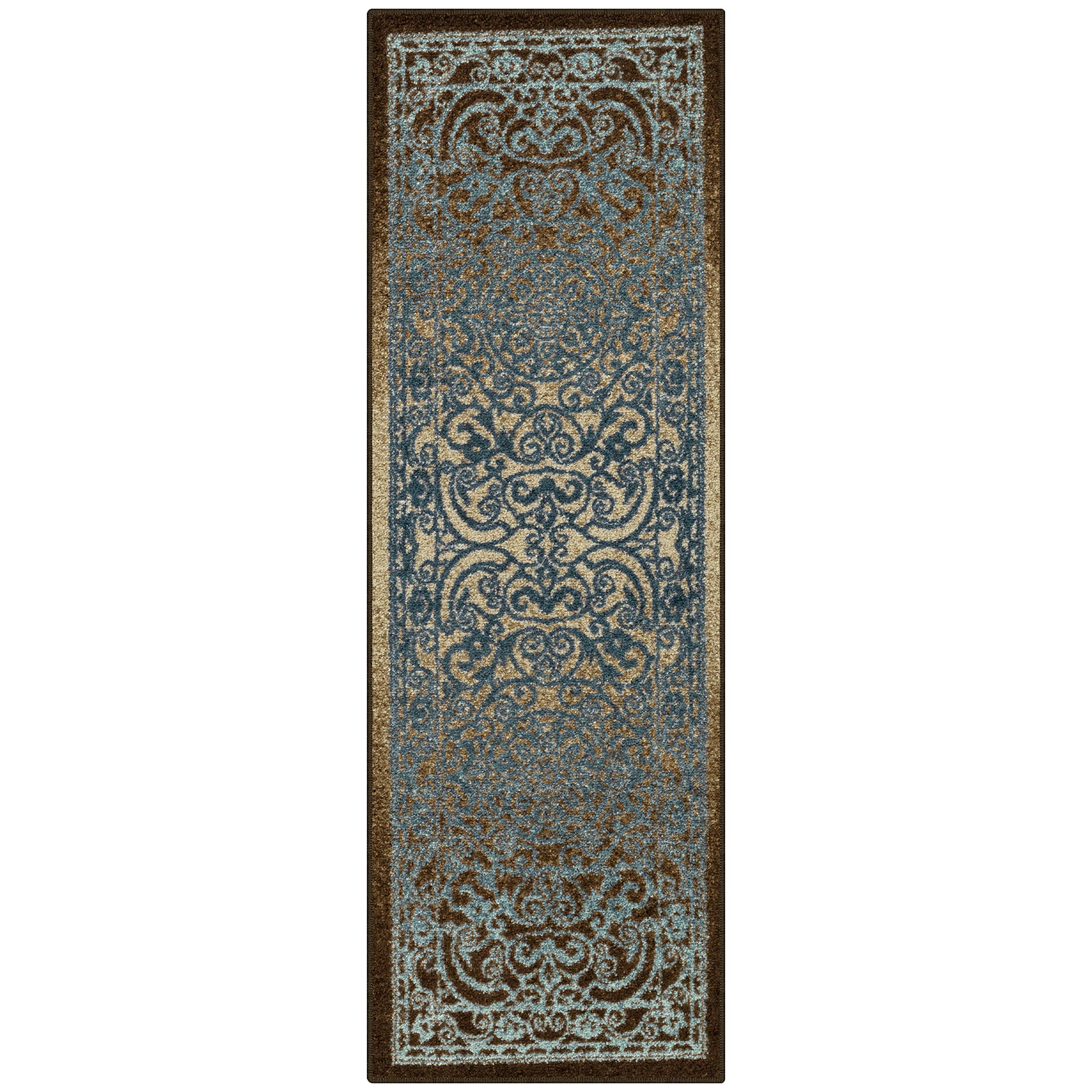Maples Rugs Pelham Vintage Runner Rug Non Slip Hallway Entry Carpet [Made in USA], 2 x 6, Blue/Walnut