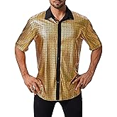 ABAFIP Men's 70s Shiny Disco Shirt Sequins Short Sleeve Party Top for Rave Dance Nightclub Costume