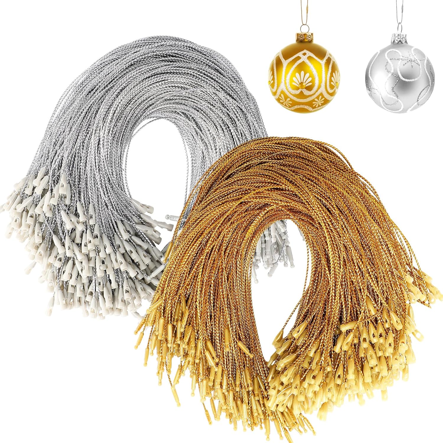Ornament Hooks - JUNEBRUSHS 600Pcs Christmas Ornament Hooks, Ornament Hangers with Snap Ornament String for Christmas Tree Holiday Party Hanging Decorations Ropes Easy and Fast Locking (Gold Silver)