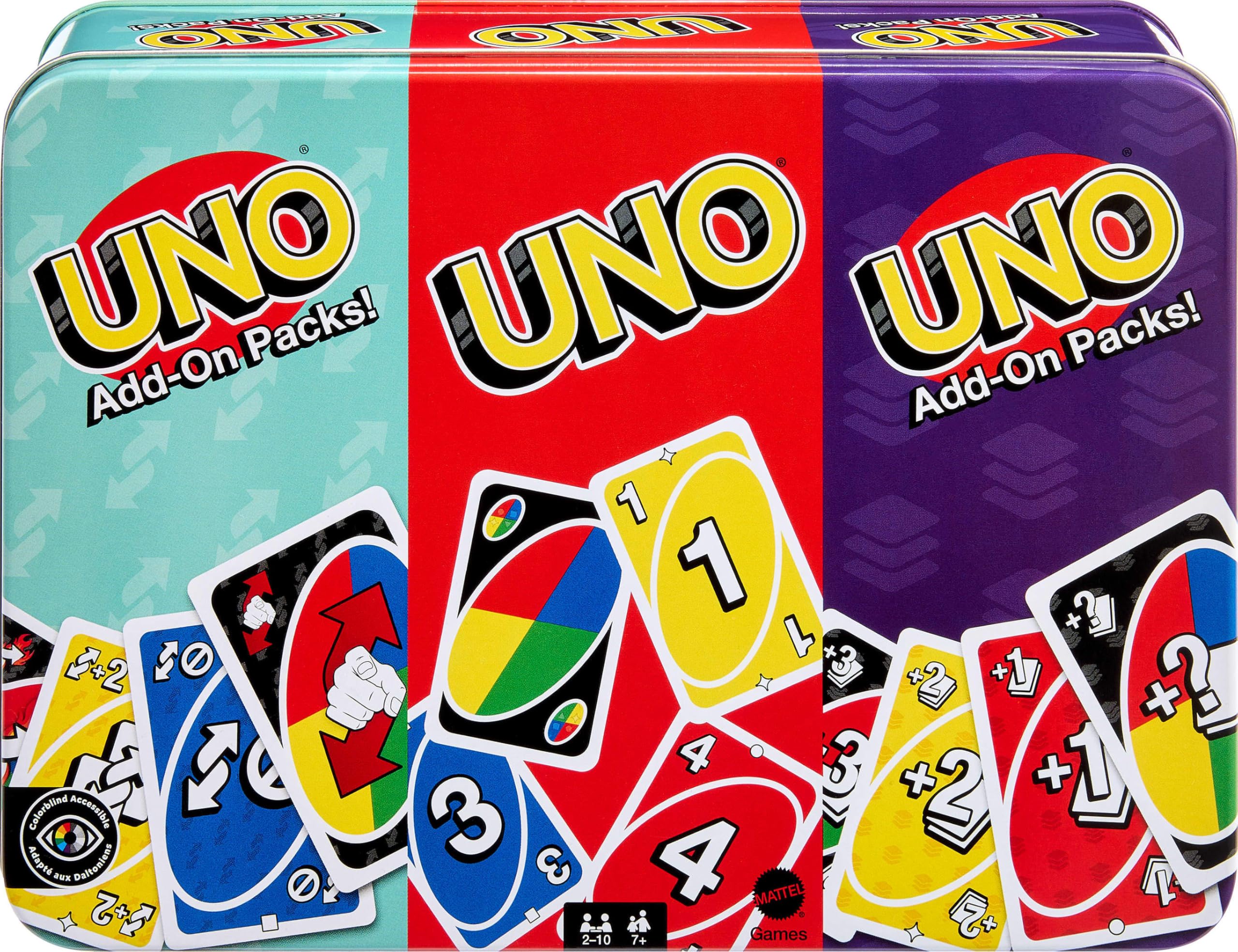 Photo 1 of Mattel Games UNO Card Game with 2 Add On Packs & Collectible Tin for Kids, Adults & Family Game Night. 2 to 10 Players