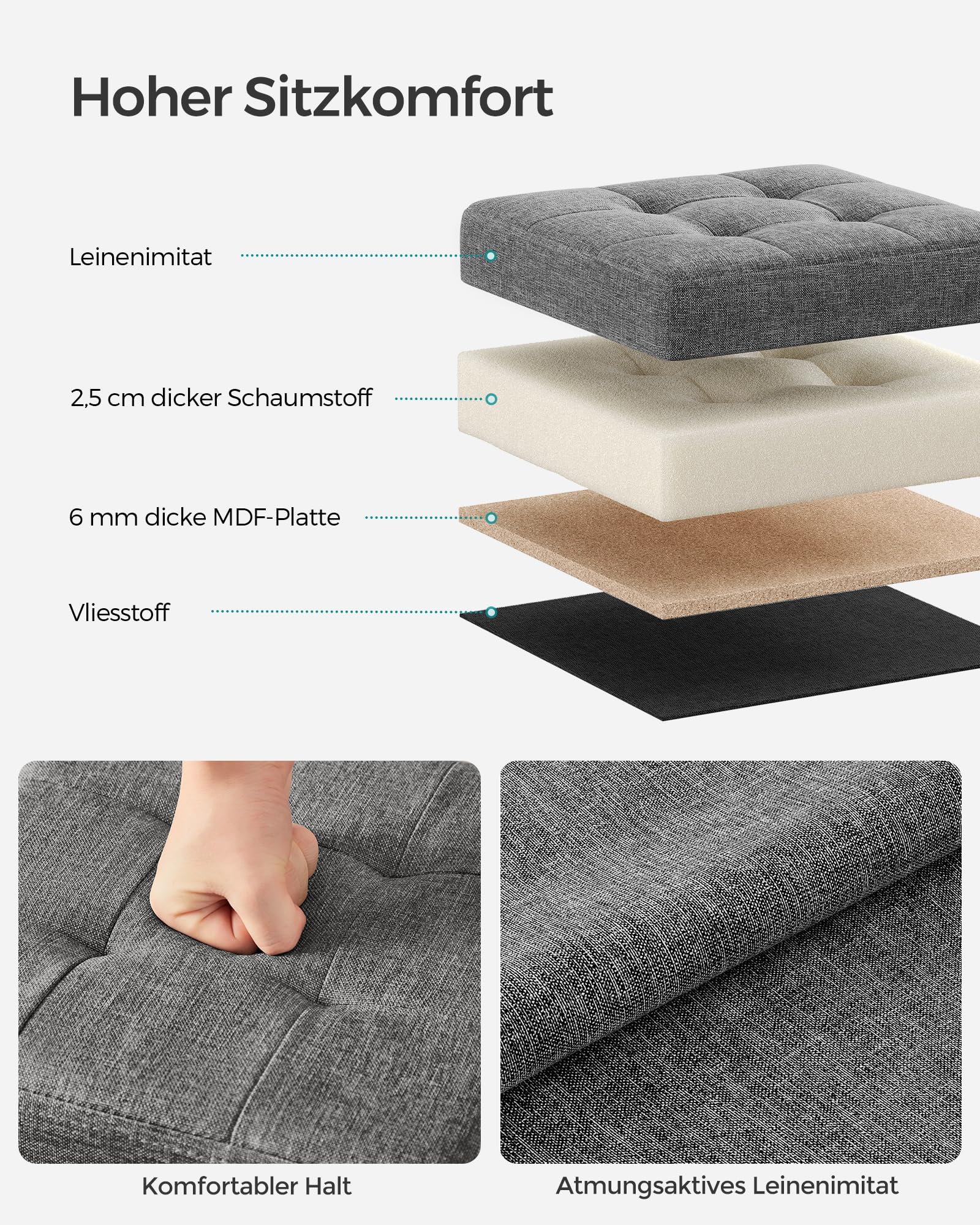 SONGMICS Aufbewahrungshocker, klein, faltbar, 30 x 30 cm, würfelförmiger Fußhocker mit Aufbewahrung, belastbar bis 130 kg, für Wohnzimmer, Schlafzimmer, Schlafsaal, Dunkelgrau LSF028G01 4