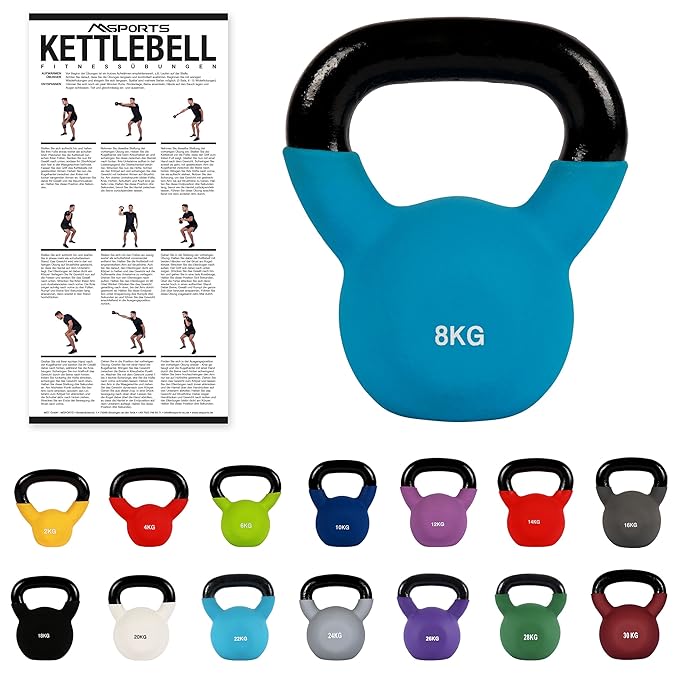MSPORTS Kettlebell Professional Neopren 2 – 30 kg inkl. Übungsposter Kugelhantel