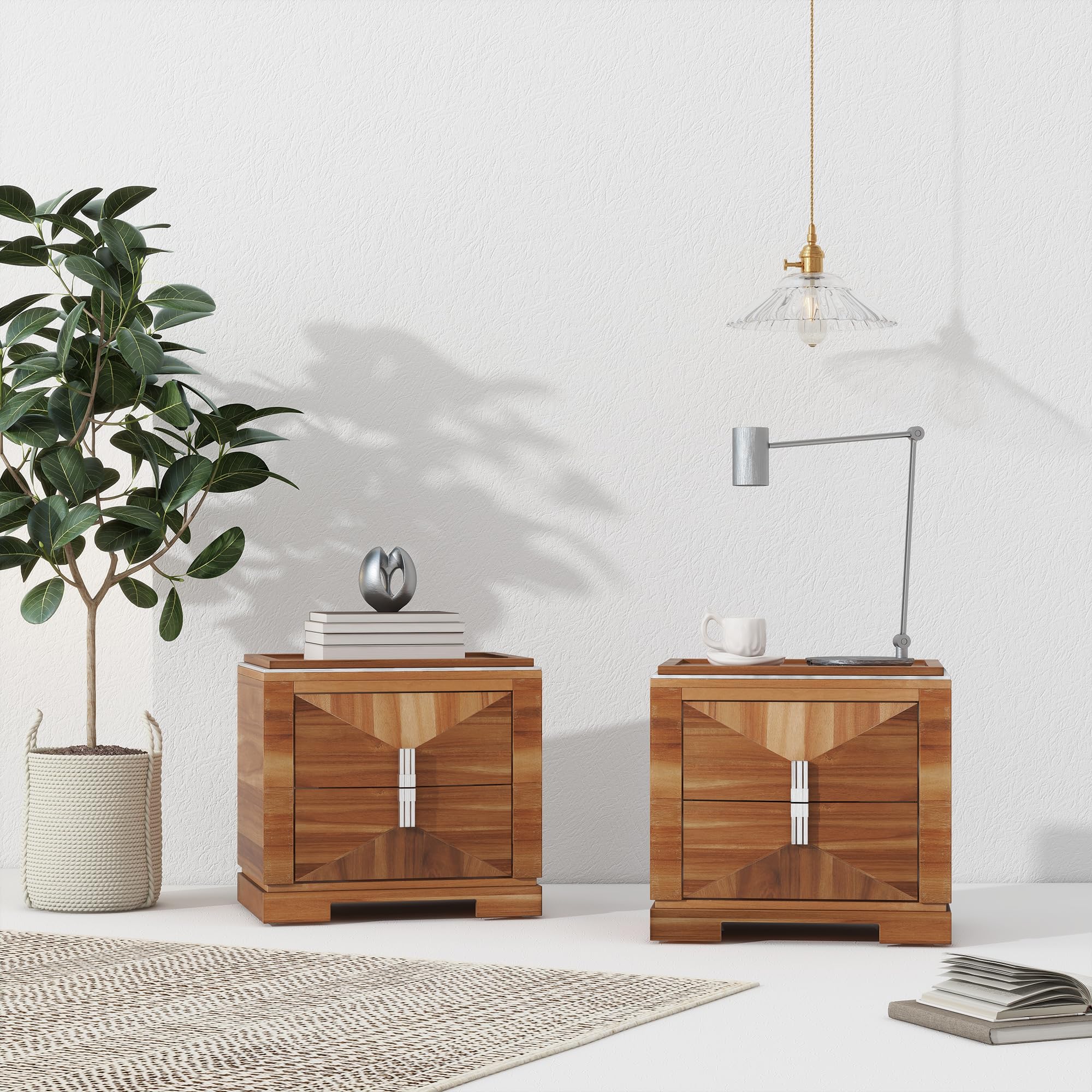 Photo 1 of *** PARTIAL SET - ONLY ONE NIGHTSTAND *** Merax Mid-Century Modern Nightstand, 2 Drawers Wide Sofa Side Table,Wood Diamond Shaped End Table with Storage, Small Bedside Table with Heavy Duty Base for Bedroom,Living Room,Entrance, Light Brown