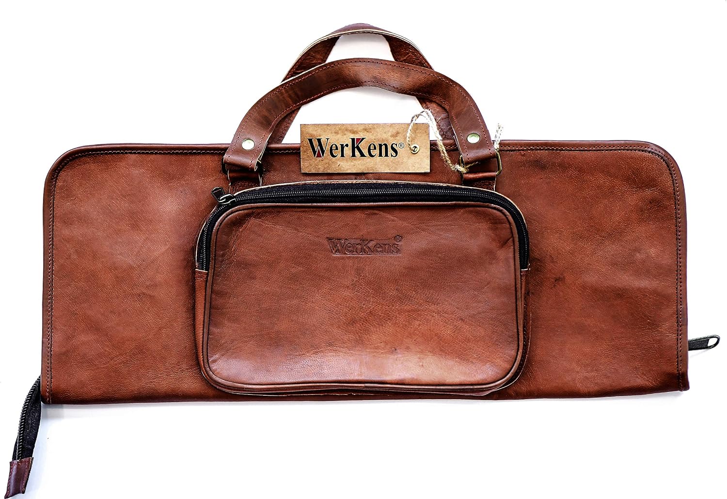 WerKens Leather Drumstick Bag Floor Tom Hooks Holds 8-10 works Drum Sticks Mallets Brushes Percussion Drum Stick Bag Easy Carry Handles (Brown)