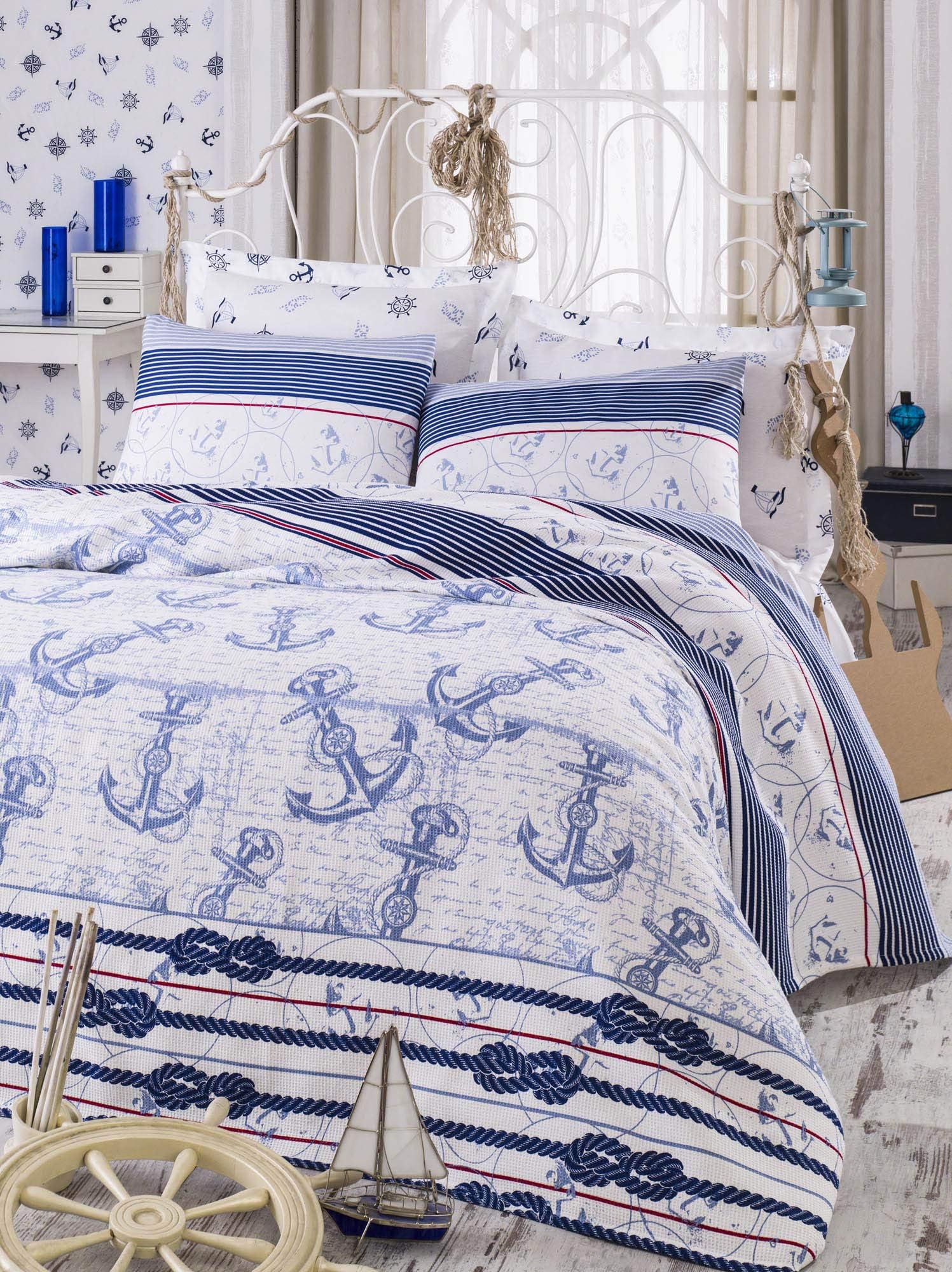 DecoMood Nautical Bedding, Anchors Themed Bedspread Coverlet (Pique) Set, 100% Cotton, Single/Twin (3 PCS) and Full/Queen Size (4 PCS)